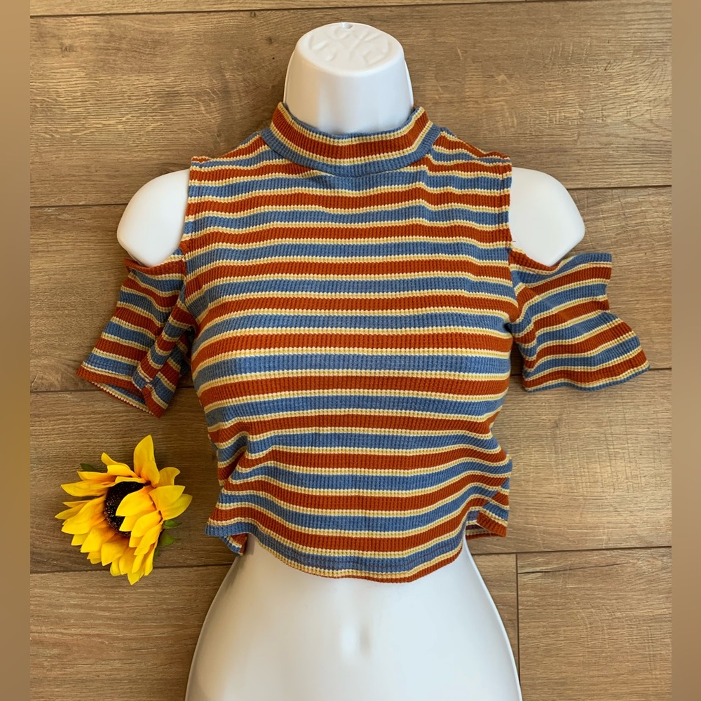 Papaya Women’s Ribbed Striped Crop Top with Shoulder Cut Outs & Mock Turtleneck